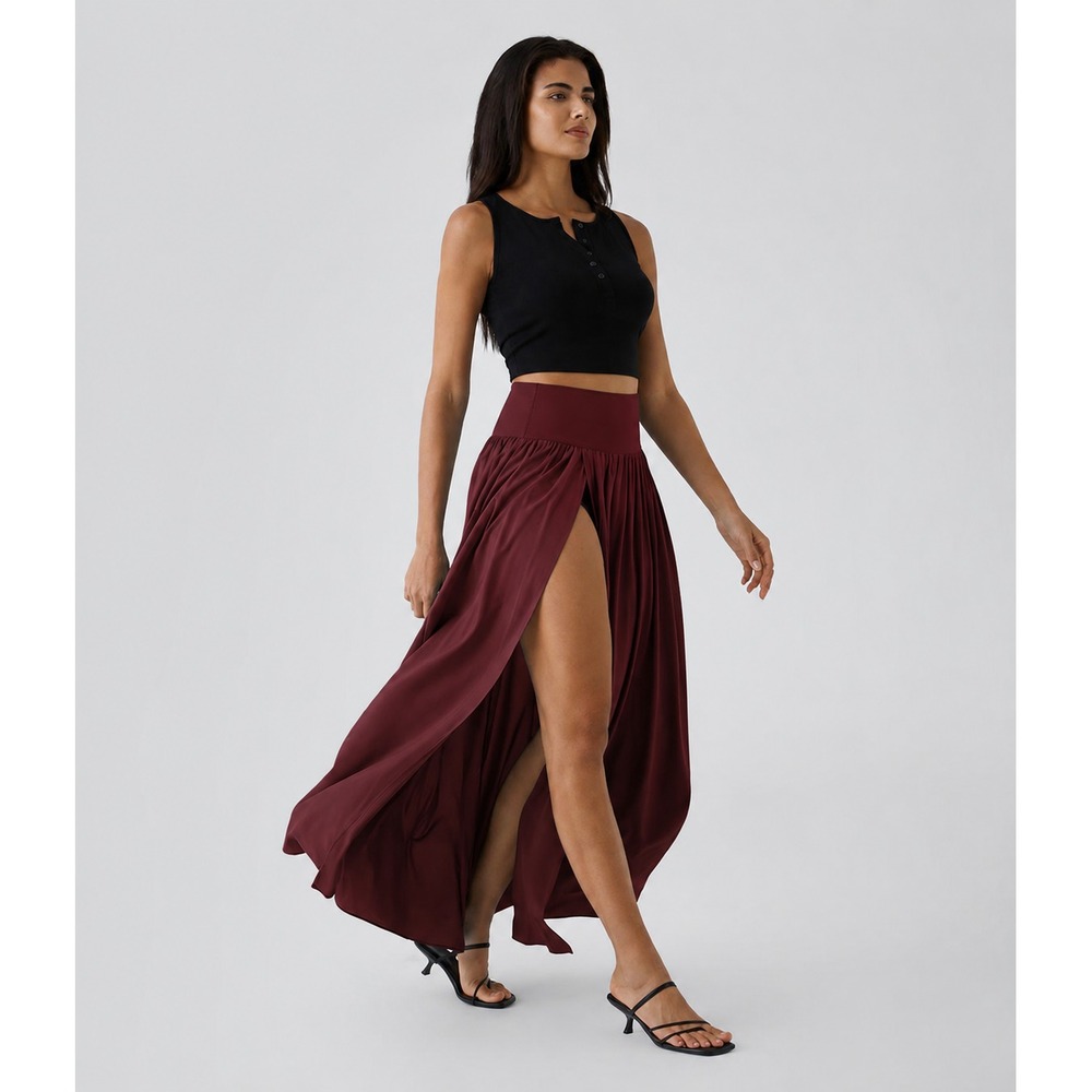 Halara Breezeful Maxi Skirt M Burgundy 2-in-1 Split Flowy Balletcore Athleisure